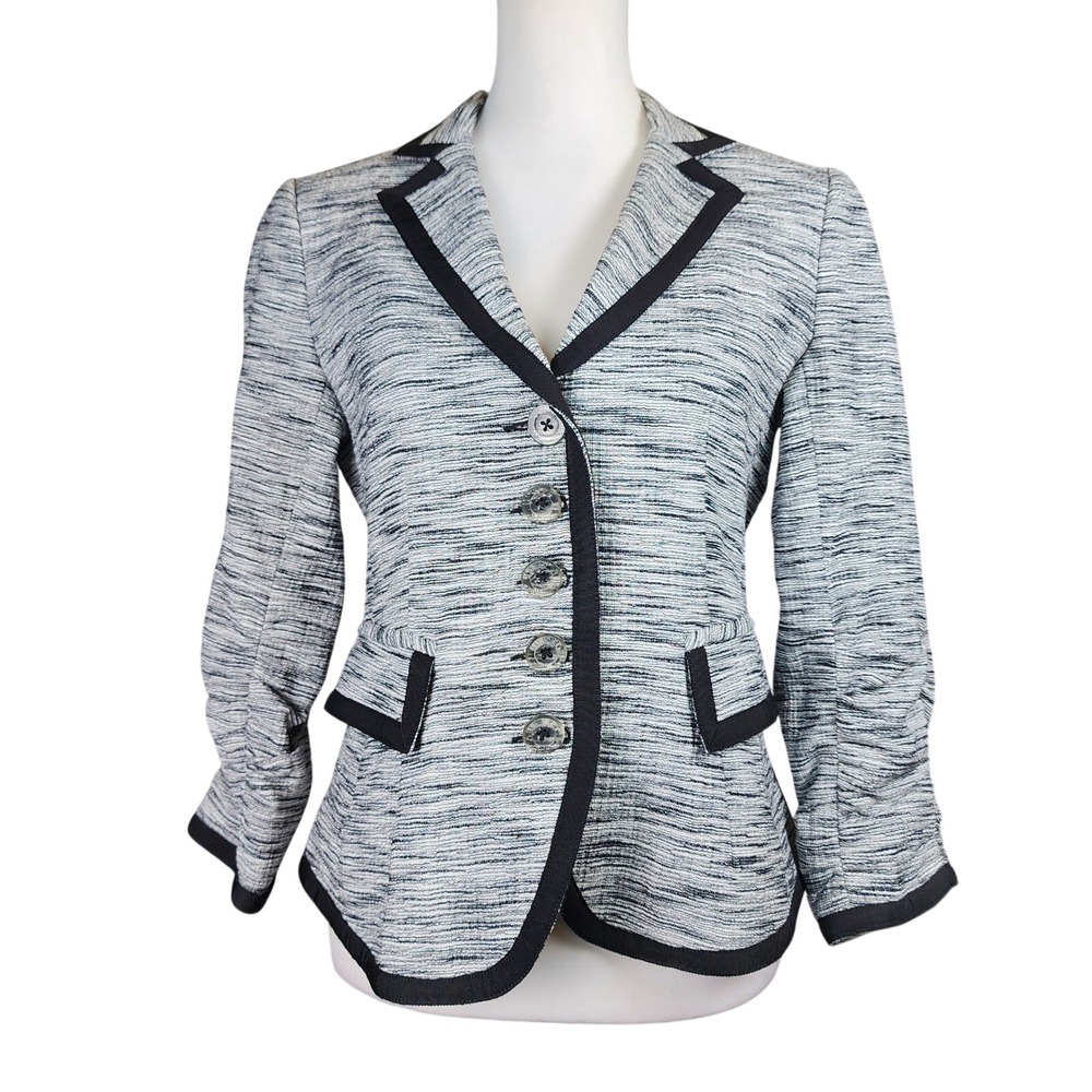 Nanette Lepore Business Blazer Black White‎ Cotton Ruched Sleeve Career Office